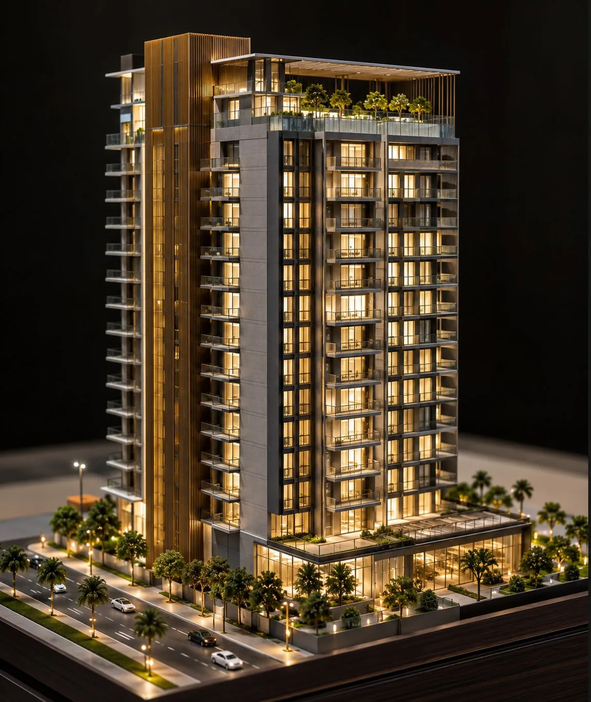 Architectural scale model Dubai — illuminated high-rise tower