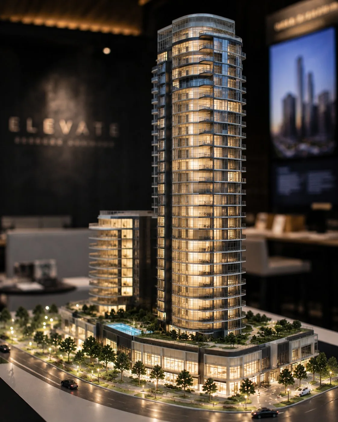 Illuminated scale model Dubai — luxury tower with LED lighting
